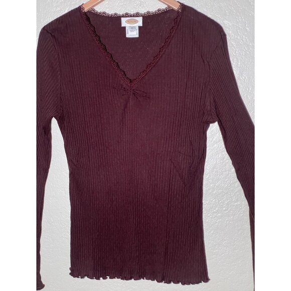 Talbots Top XL Pull Over Brown Lace Trim 60% Pima Cotton 40% Modal Ribbed Y2K - Picture 3 of 15